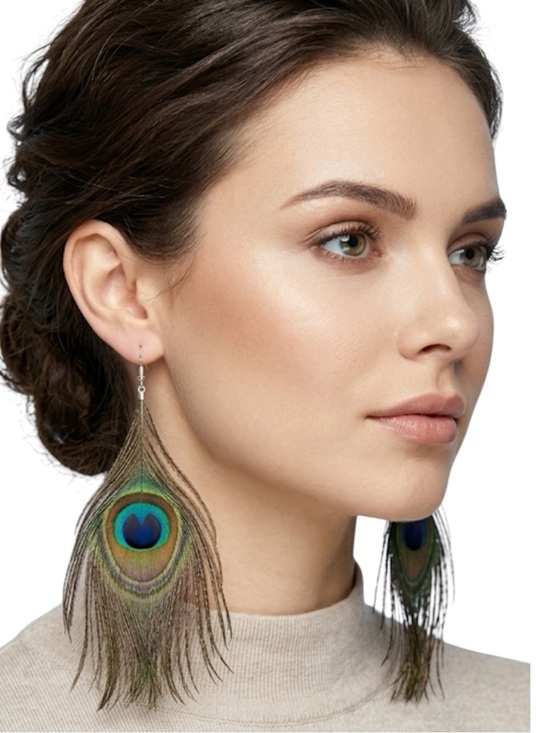 CC and Me Boutique Jewelry - Peacock Feather Statement Dangle Earrings 5.5” Long Boho Festival